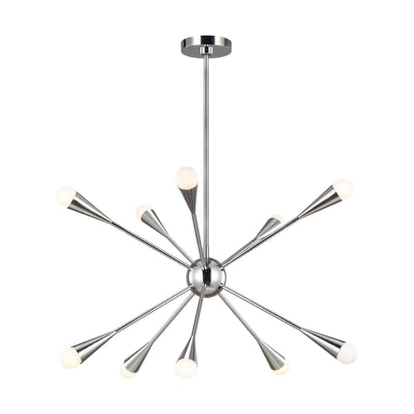 Generation Lighting Jax 10-Light Polished Nickel Mid-Century Modern Hanging Sputnik Chandelier with Swivel Canopy