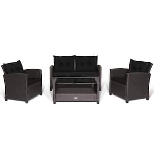 4-Piece Wicker Patio Conversation Set Chair Coffee Table Classic Furniture Set with Black Cushions