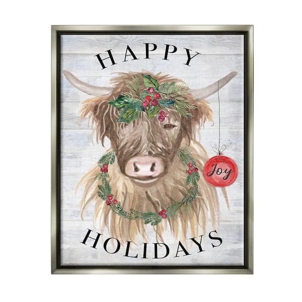 Stupell Industries Farmhouse Holiday Cow by Corinne Haig 1-Piece Floater Frame Graphic Print Animal Poster Art Print 21 in. x 17 in.