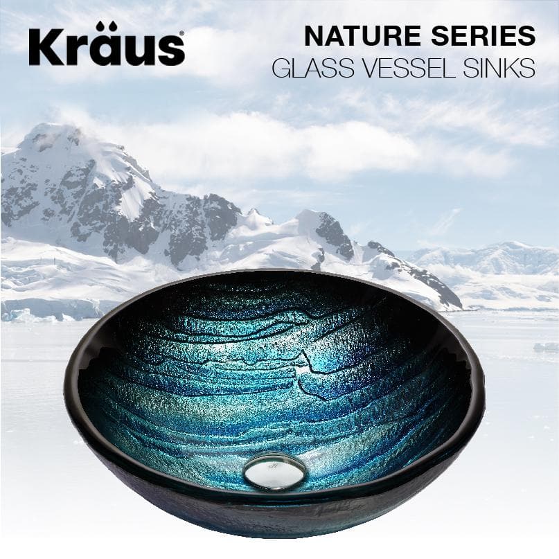 Ice-Blue Glass Round Vessel Sink with Oil Rubbed Bronze Faucet