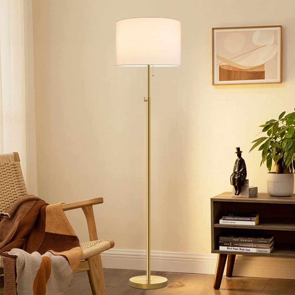 Antique Brass Adjustable Height Floor Lamp with White Shade