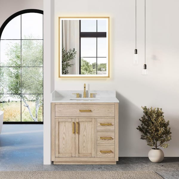 Gavino 36 in. Single Freestanding Natural Ash Bath Vanity with Grain White Engineered Stone Top Assembled
