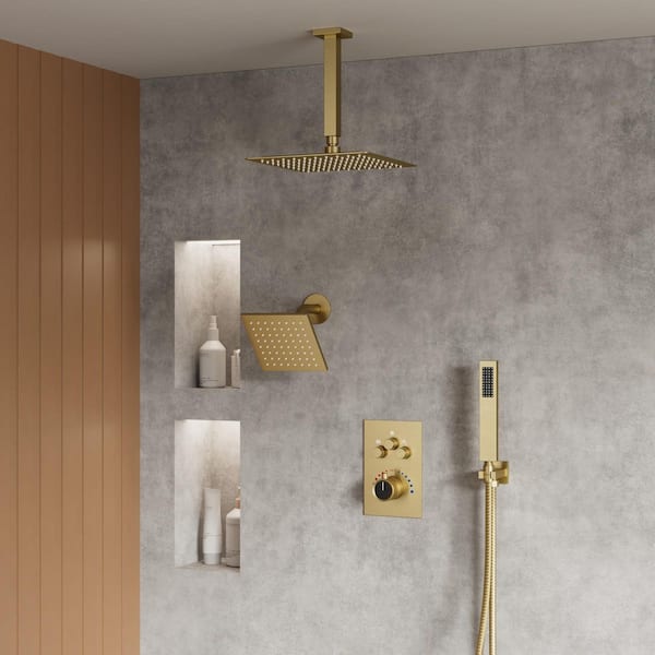 Thermostatic 7-Spray Square Dual Shower Head Ceiling Mount Shower System and Shower Drain in Brushed Gold