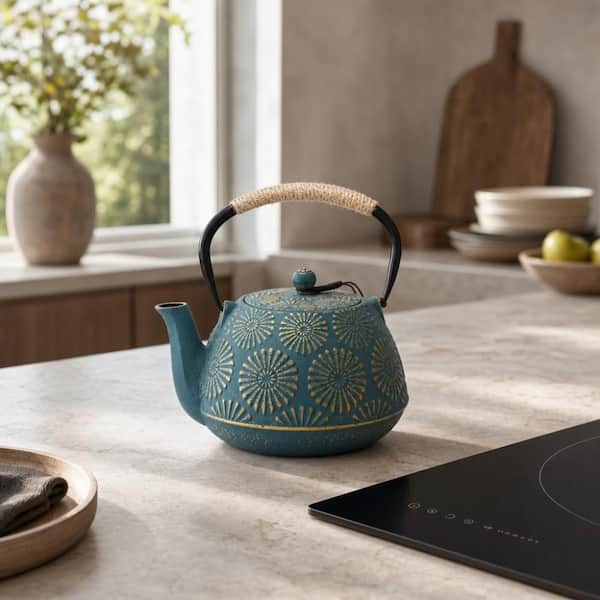 Numhew 4-Cup Blue Cast Iron Tea Pot with Enameled Interior, 40 oz
