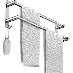 Stretchable 17-31 Inches Double Bath Towel Bar Bathroom Towel Rack Hooks Kitchen Hand Towel Holder Dish Cloths Hanger