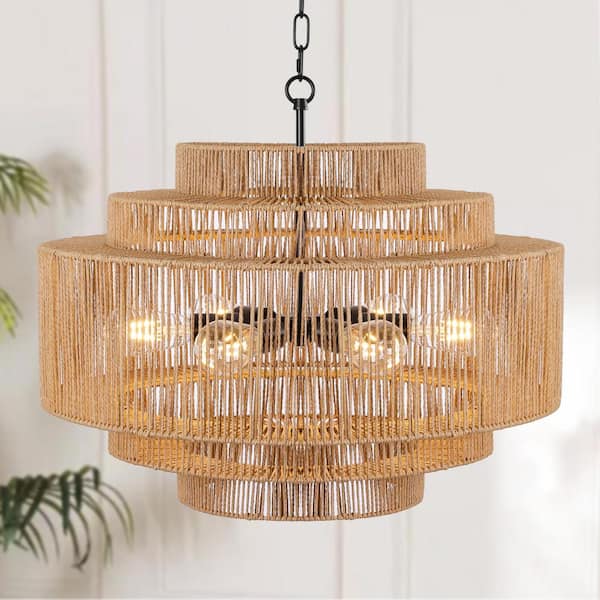 LamQee 23.6 in. 6-Light 5-Tier Black Hand-Woven Rattan Drum Chandelier