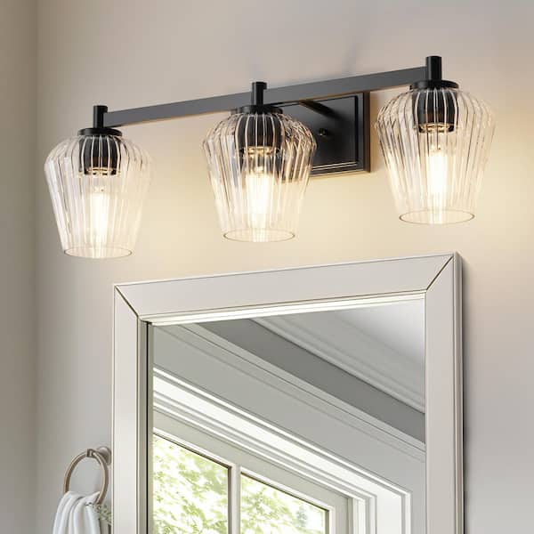YANSUN 25 in. 3-Light Black Vanity Light with Cone Glass Shades for Bathroom, Living Room, Entryway