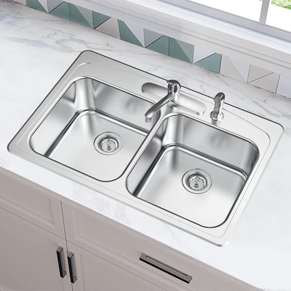 33 in. Drop-In 50/50 Double Bowl 20 Gauge Stainless Steel Kitchen Sink with Accessories