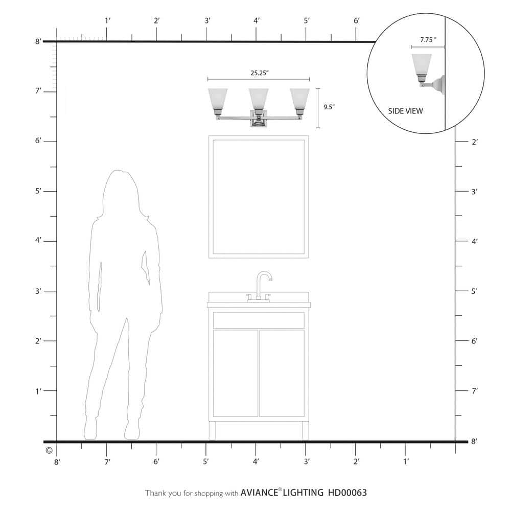 Brushed Nickel 3-Light Bathroom Vanity with Satin Glass Shades