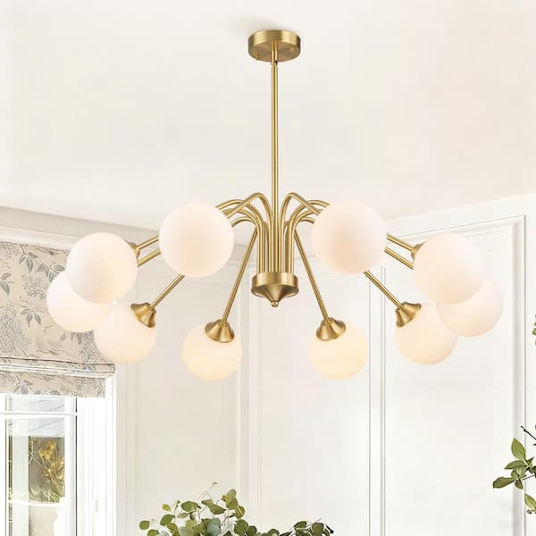 Y'INSP 10 Light Brass Mid Century Modern Sputnik Globe Chandelier for Dining Room with Milk White Glass Shade, No Bulb Included