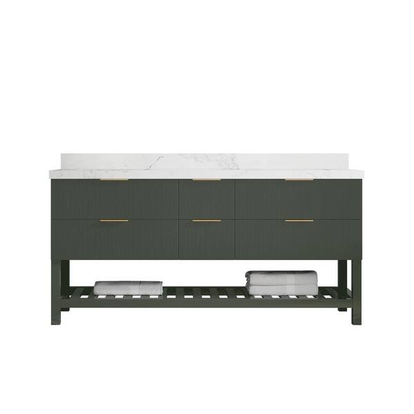 Willow Collections Catalina 72 in. Double Sink Freestanding Pewter Green Bath Vanity with Calacatta Nuvo Qt. Top Unassembled