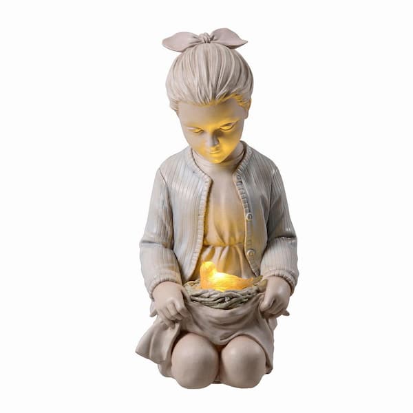 HI-LINE GIFT LTD Sitting Girl W/ Bird Nest Lighted Garden Statue Solar Powered LEDs