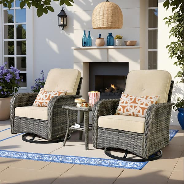 Gray 3-Piece Wicker Outdoor Rocking Chair with Beige Cushion and Side Table, Swivel Base for Patio, Porch, Garden
