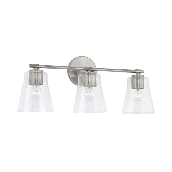23 in. W x 9.5 in. H 3-Light Vanity in Brushed Nickel with Clear Seeded Glass