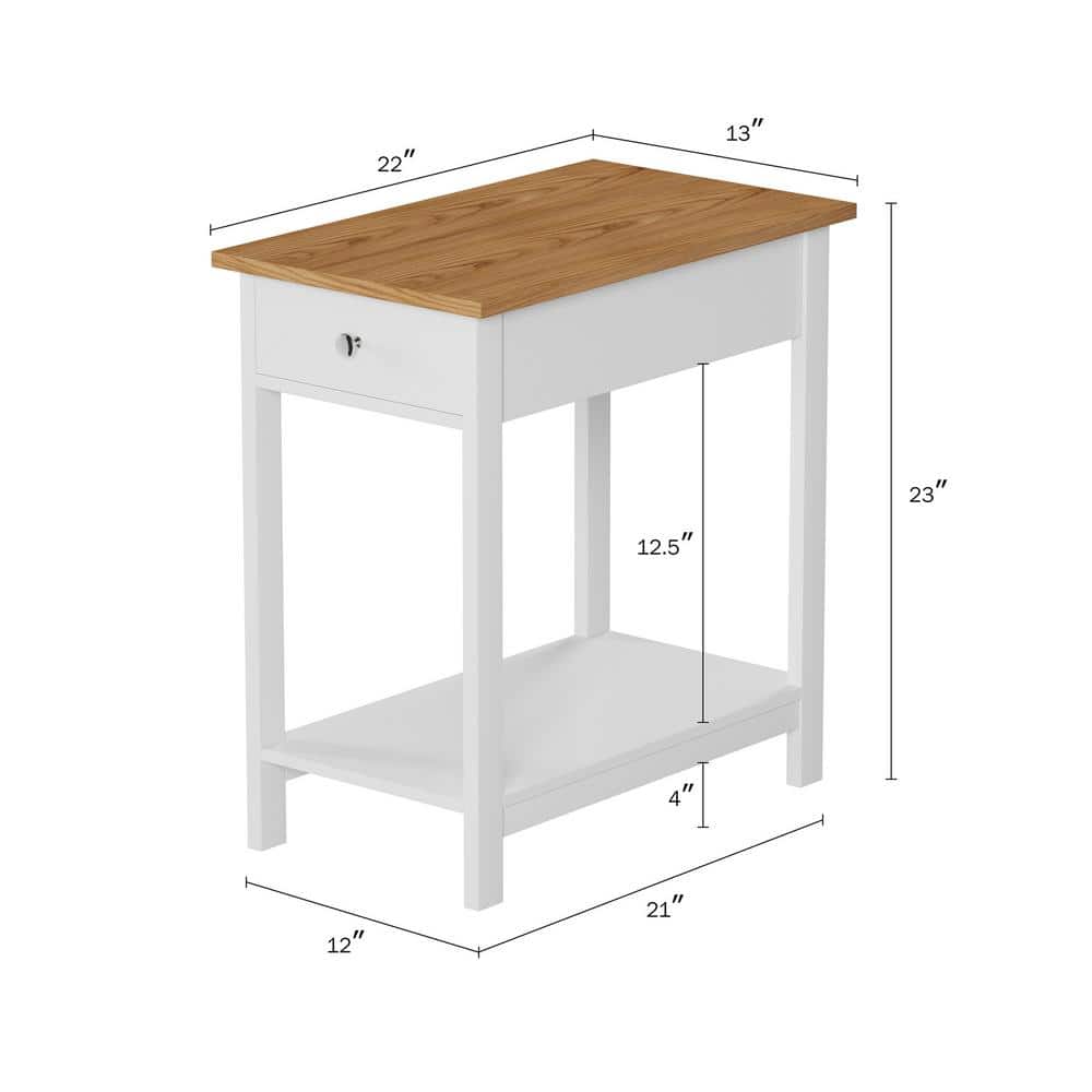White and Oak Slim Rectangular End Table with Storage