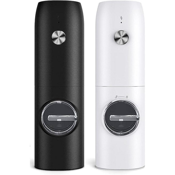 Automatic Salt and Pepper Grinder Set Black White Adjustable Coarseness LED Light One Hand Kitchen Shaker 2 Pack