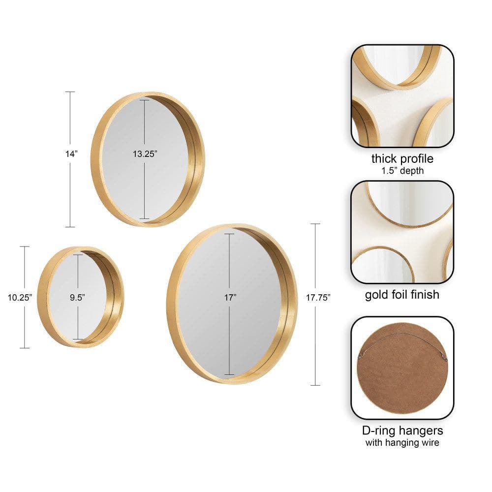Gold Round Wood Frame Wall Mirror Set, 3-Piece
