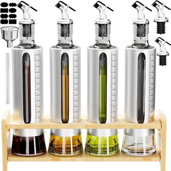 4-Pcs 17 oz. Glass Olive Oil Dispenser Bottle with Shelf, Oil and Vinegar Dispenser Set Wrapped in Stainless Steel Shell