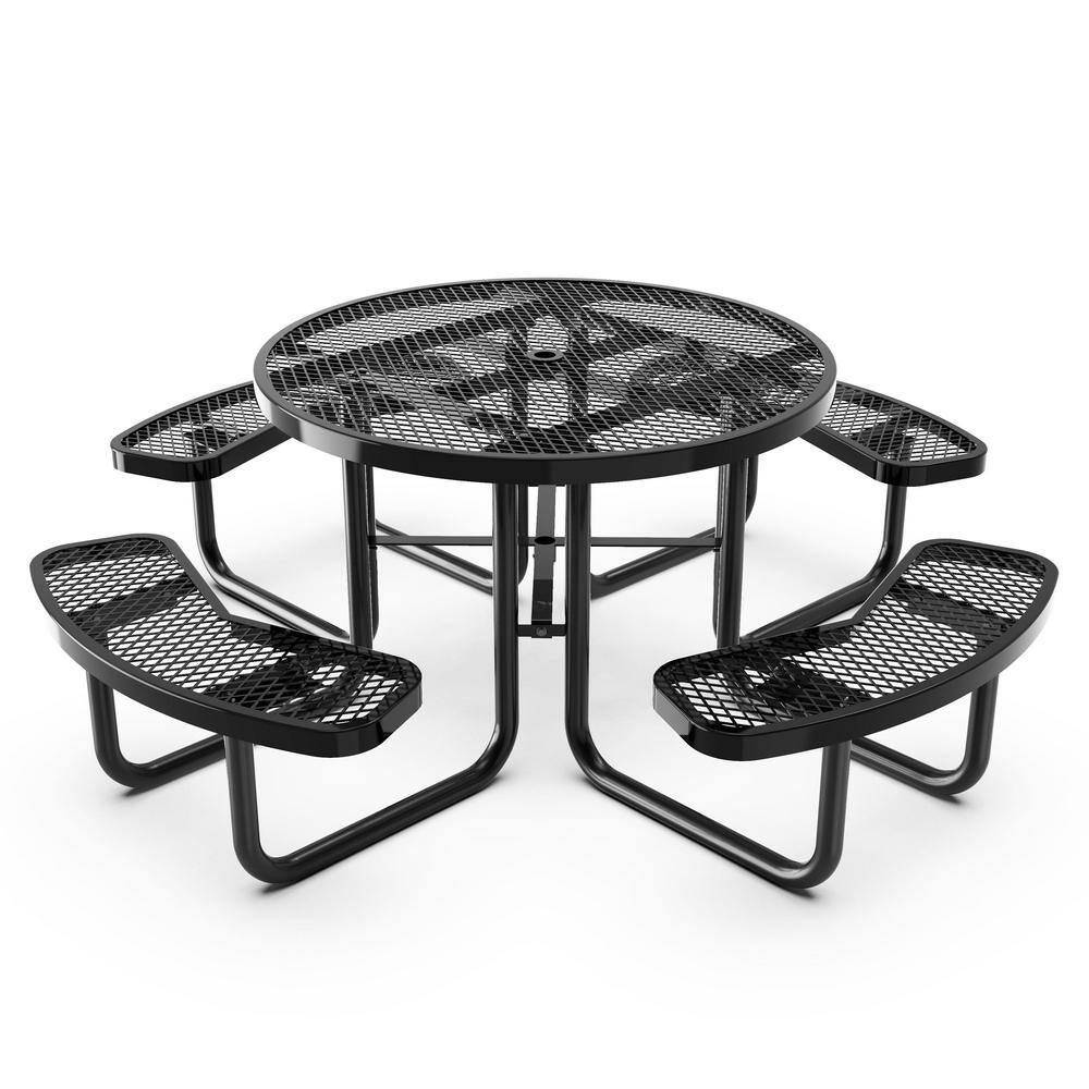 46 in. Black Round 4-Seat Steel Outdoor Picnic Table