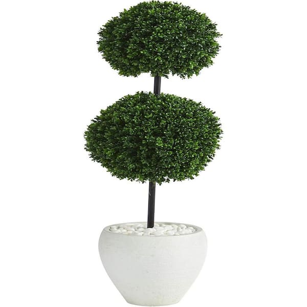 4 ft. Artificial Boxwood Double Ball Topiary Tree in White Planter UV Resistant (Indoor/Outdoor)