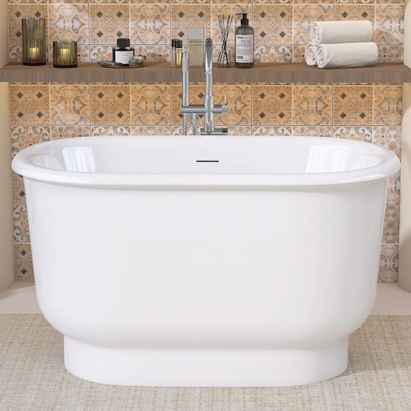 47 in. x 30 in. Oval Acrylic Freestanding Soaking Bathtub with Center Drain Flat Bottom Free Standing Tub in White