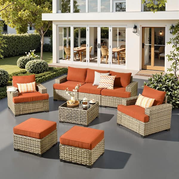 Silvae Gray 8-Piece Wicker Outdoor Sectional Patio Conversation Sets with Single Chair & Orange Red Cushion and Ottoman
