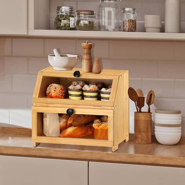 Farmhouse Bamboo Bread Box Countertop with Large Capacity in Natural Brown