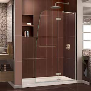 Aqua Ultra 34 in. x 60 in. x 74.75 in. Semi-Frameless Hinged Shower Door in Brushed Nickel with Base in Biscuit