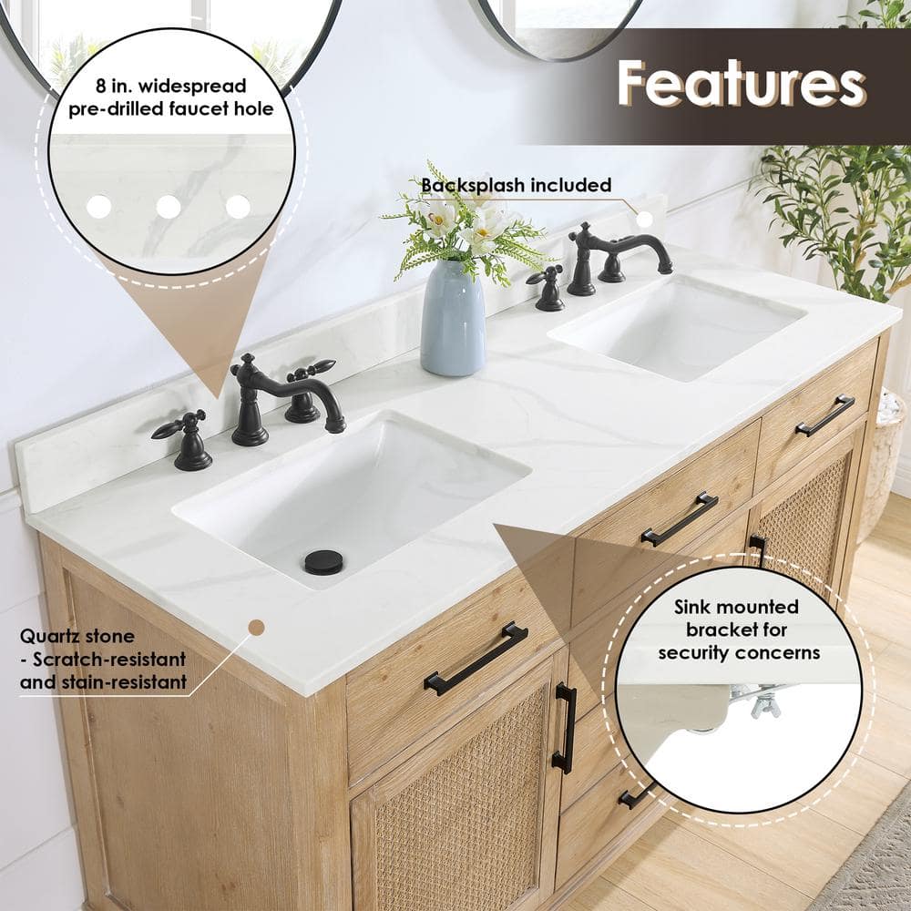 Calacatta White 60" Quartz Stone Vanity Top with Double Sink