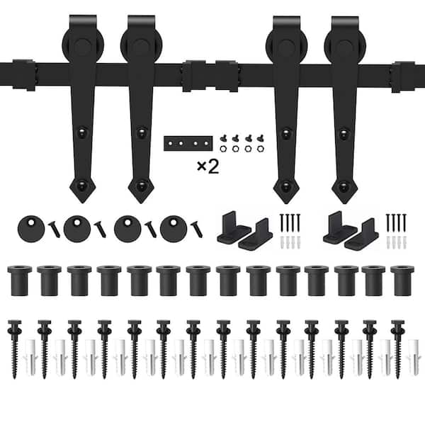 WINSOON 17 ft./204 in. Black Steel Heavy-Duty Rolling Barn Door Hardware Kit for Double Wood Doors with Non-Routed Floor Guide