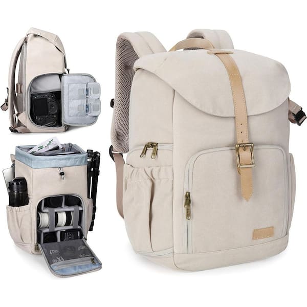 Camera Backpack DSLR Bag Waterproof Anti-Theft with Laptop Compartment Tripod Holder in Ivory White