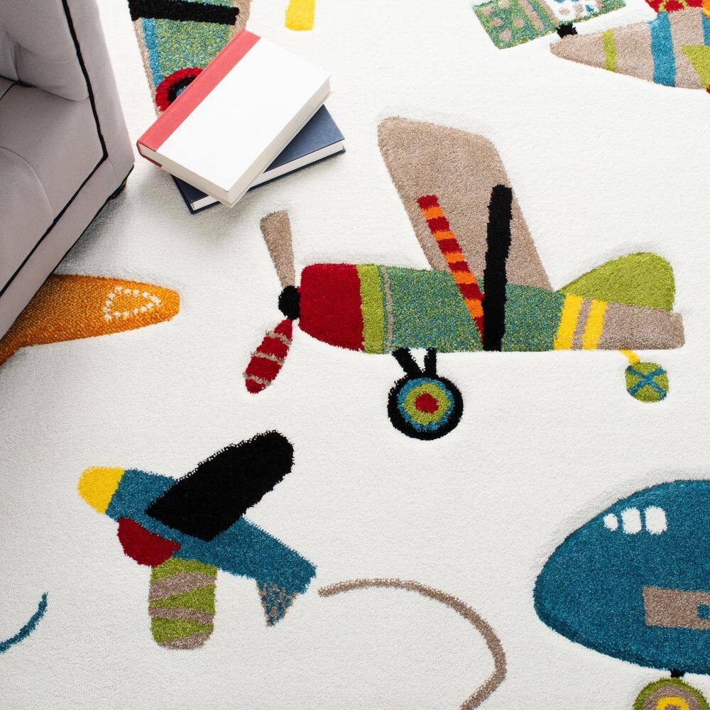 Ivory and Blue Airplane Kids Rectangular Rug, 4' x 6'