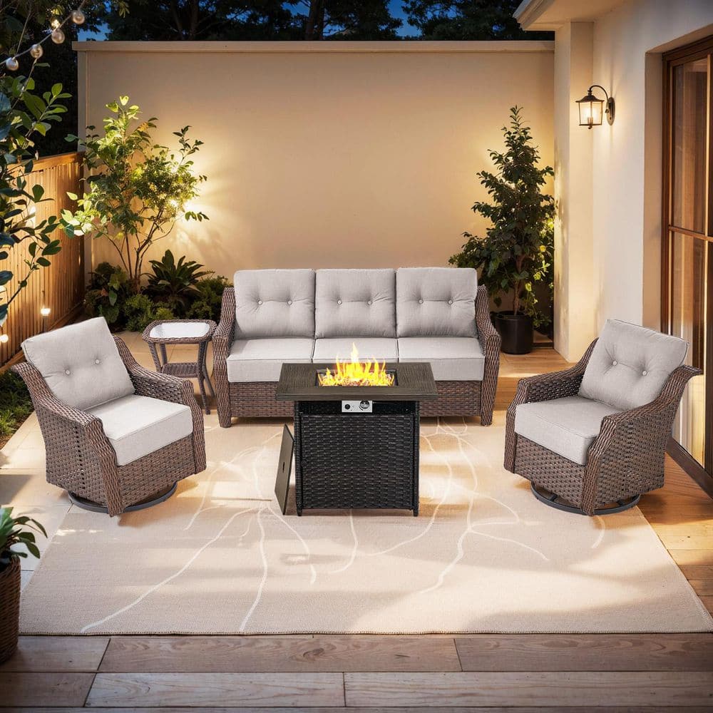 Modern Farmhouse 5-Piece Brown Wicker Square Fire Pit Conversation Set with Beige Cushions and Patio Swivel Chairs price history on PriceWatchPro