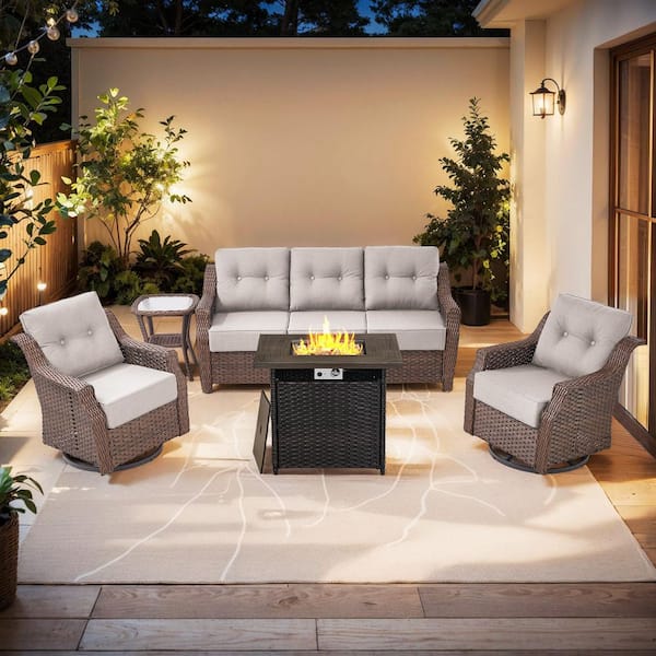 Modern Farmhouse 5-Piece Brown Wicker Square Fire Pit Conversation Set with Beige Cushions and Patio Swivel Chairs