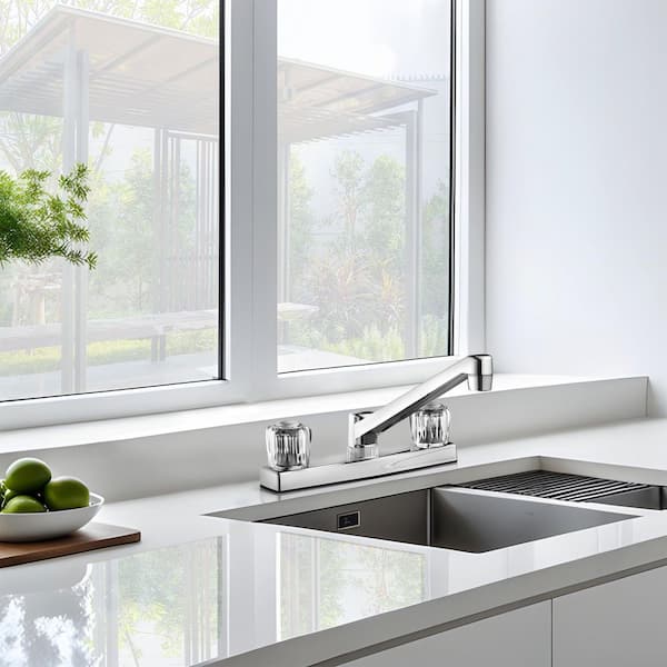 Non-Metallic Double Handle Deck Mount Standard Kitchen Faucet in Chrome with Black Side Sprayer