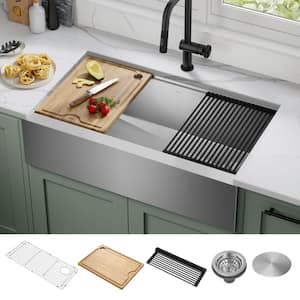 Kore 36 in. Farmhouse/Apron-Front Single Bowl 16 Gauge Stainless Steel Kitchen Workstation Sink with Accessories