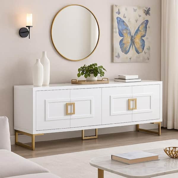 Cid Laha White and Champagne Gold Wood Sideboard Buffet Cabinet with 4 Doors