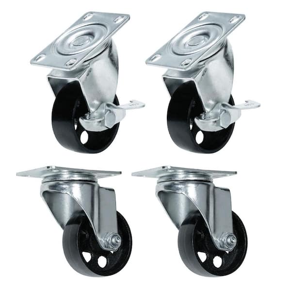 3 in. Cast Iron Swivel Caster Wheels, 2-with Brakes and 2-Without, Cast Iron Casters (4-Pack)