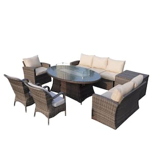 Cedar 7-Piece Wicker Patio Conversation Set with Beige Cushions and Dining Chairs