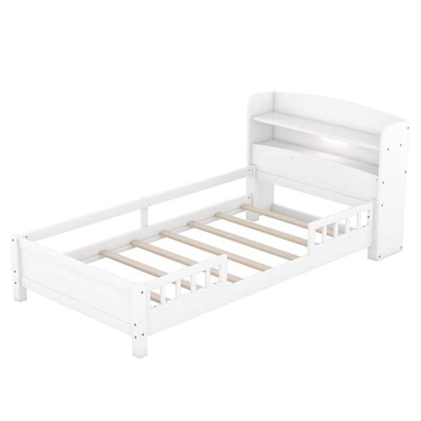 White Wood Frame Twin Size Platform Bed with Guardrail, Storage Headboard and Built-in LED Light