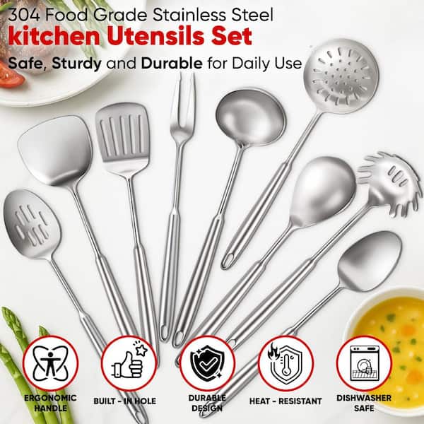 Wudkey 9-Piece Stainless Steel Kitchen Cooking Utensils Set with