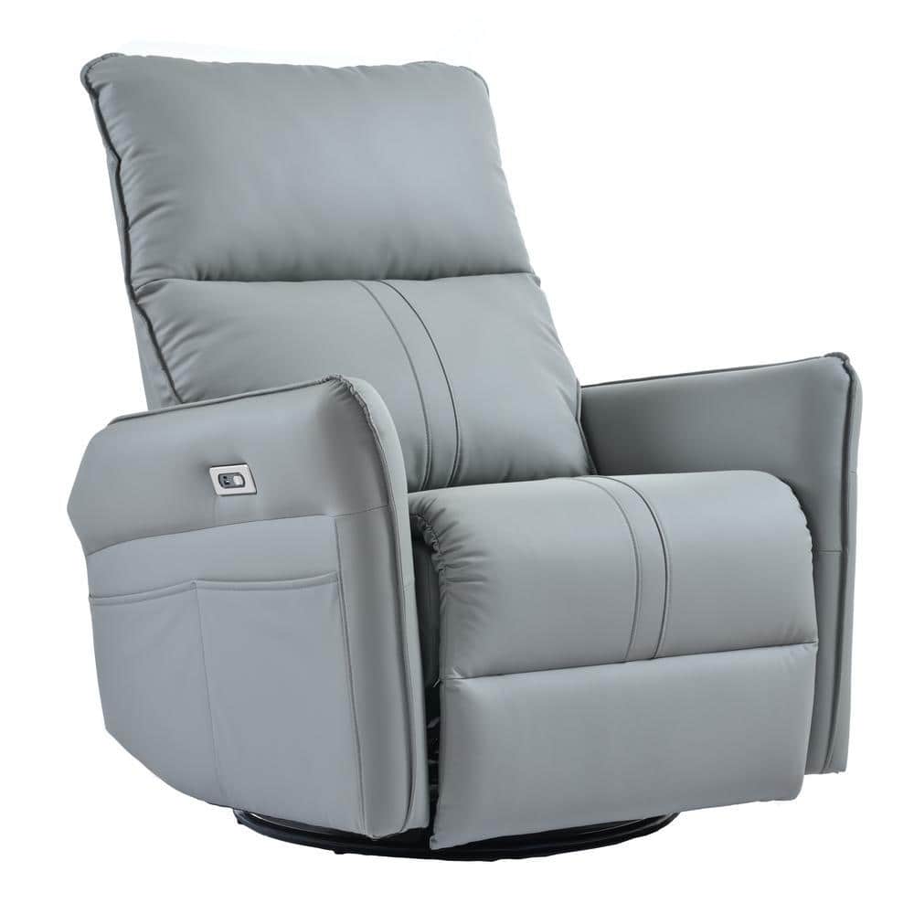CSC DECOR INC Blue/Gray Leather Power 270° Swivel Rocker Recliner
