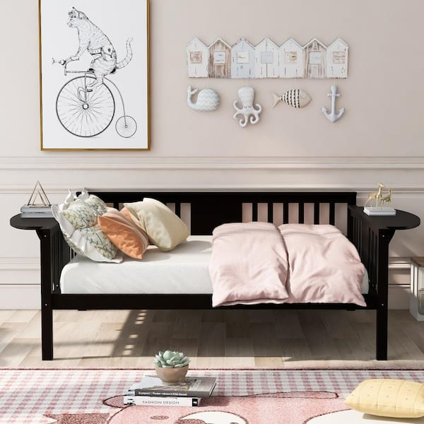 Espresso Wood Full Size Daybed Frame, Full Bed Frame with Foldable Table and Wood Slat Support for Bedroom, Living Room