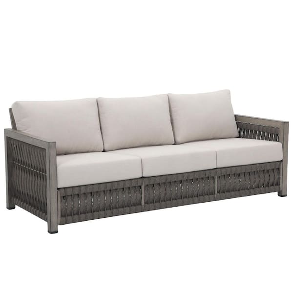 Gray Aluminum Outdoor Couch Patio Furniture, 3-Seat All-Weather Patio Sofa with Rope, Wicker and Beige Cushions