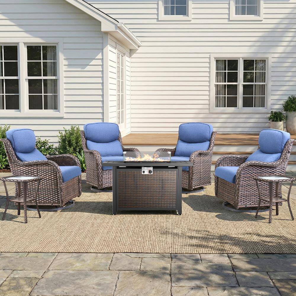 Smiley Brown Wicker 6-Piece Outdoor Fire Pit Table Patio Conversatoin Set with Swivel Glider and 5inch Blue Cushions price history on PriceWatchPro