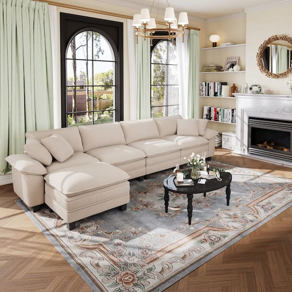 PHI VILLA 157.5 in. Flared Arm 5-Seat Corduroy Fabric Modular Sectional Sofa in. Beige with Throw Pillows and Ottoman