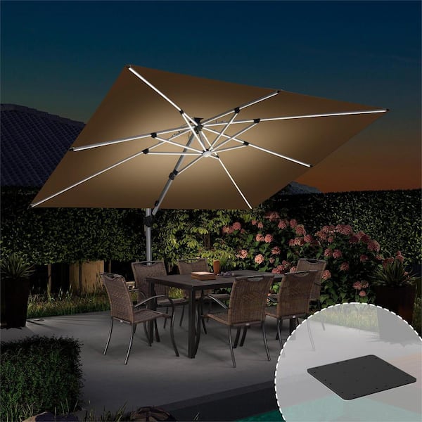 PURPLE LEAF 9 ft. x 12 ft. Aluminum Solar Powered LED Patio Cantilever Offset Umbrella with Base Plate, Beige