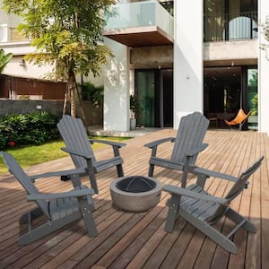 Lanier 5-Piece Charcoal Grey Recycled Plastic Patio Conversation Adirondack Chair Set with a Brown Wood-Burning Firepit