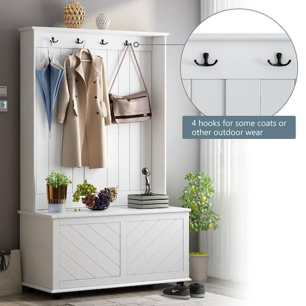White Hall Tree with 4-Hooks 3-in-1 Design Coat Hanger with Flip-Top ...