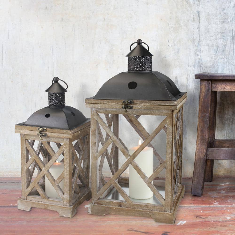 Rustic Wood and Metal Hurricane Candle Lantern Set